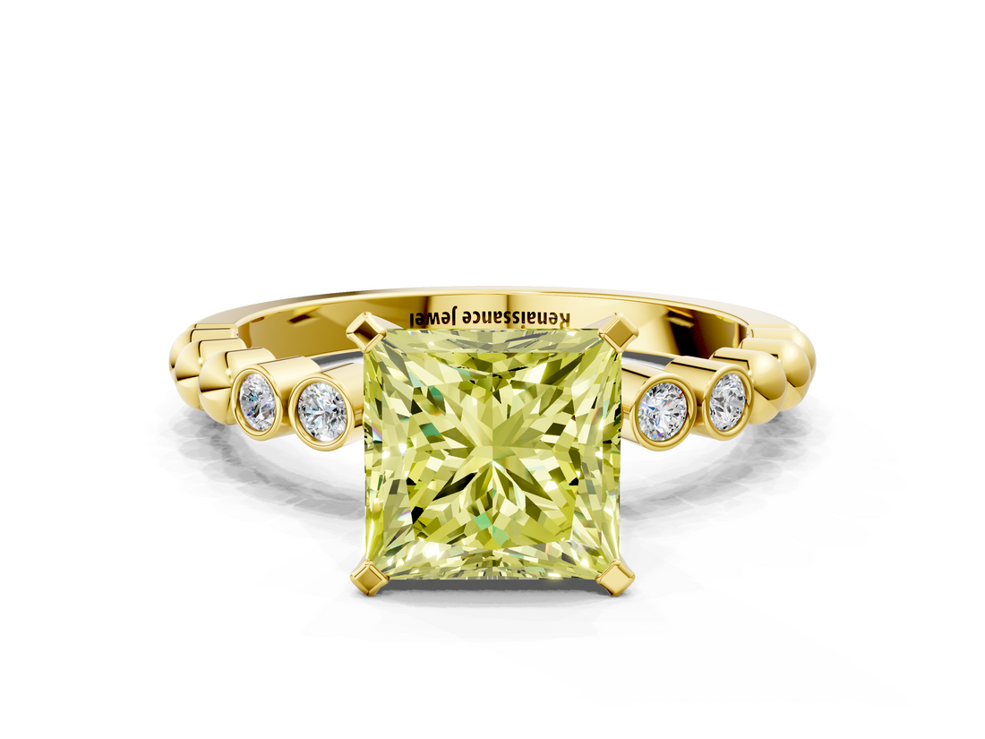 Yellow gold Fancy Yellow Princess  Solitaire Bezel Accent Diamond Engagement Ring with Beaded Band and Four-Prong Setting