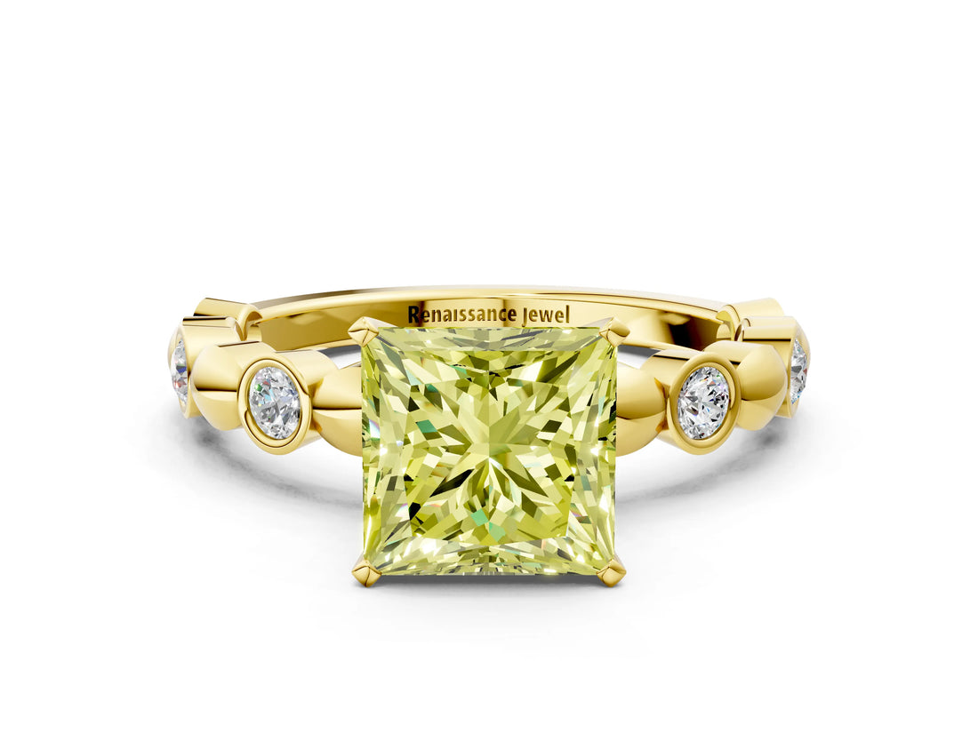 Yellow gold Fancy Yellow Princess  Solitaire Bezel-Set Diamond Ring with Beaded Band and Four-Prong Setting_29