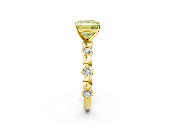 Yellow Gold Princess Cut Engagement Ring Setting for Fancy Yellow Center with Bezel Stations