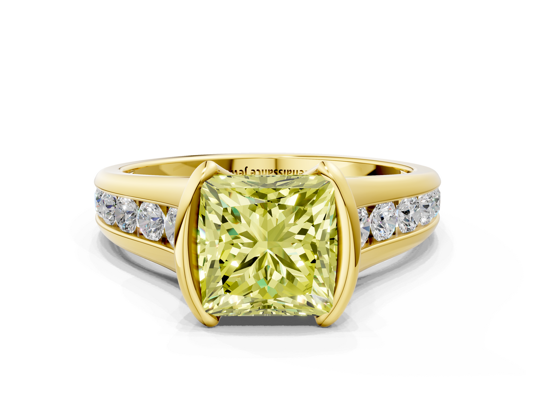 Yellow gold Fancy Yellow Princess  Solitaire Bezel-Set Diamond Ring with Channel-Set Band