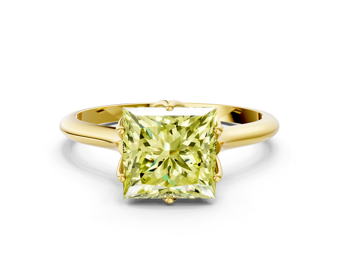 Yellow gold Fancy Yellow Princess  Solitaire Cathedral Diamond Ring with Six-Prong Setting