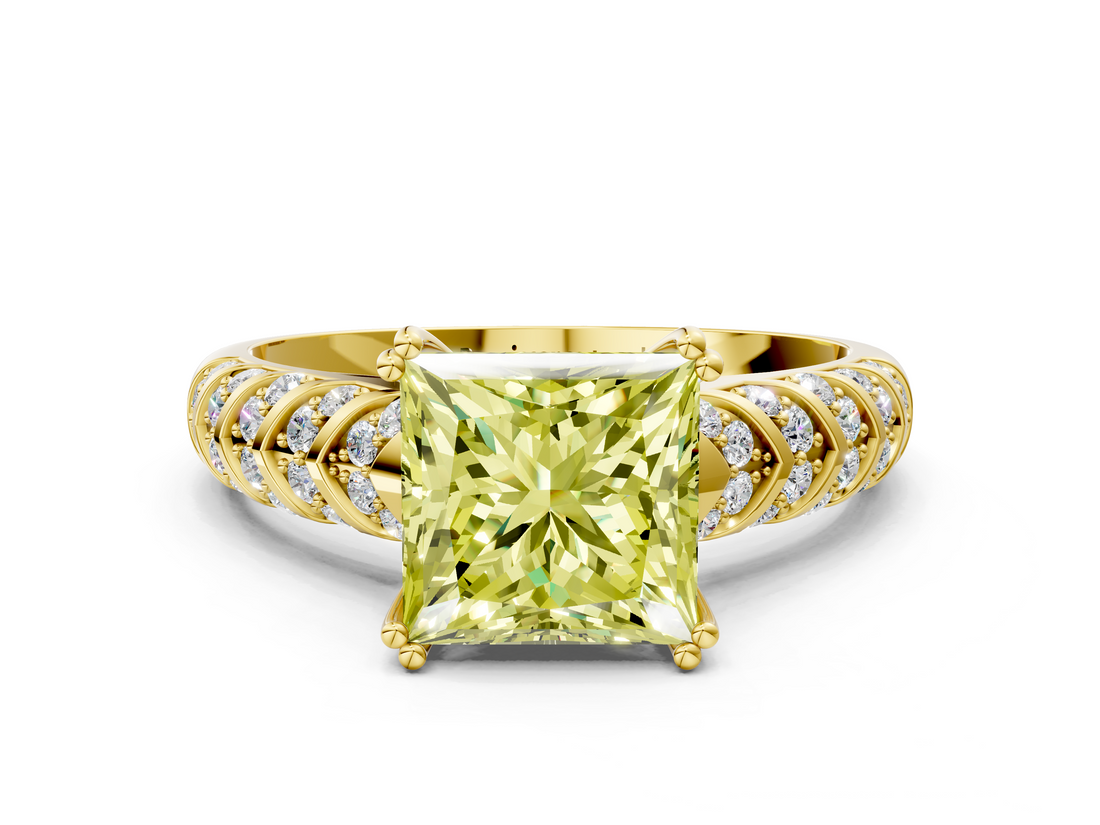 Yellow gold Fancy Yellow Princess  Solitaire Chevron Pave Diamond Engagement Ring with Six-Prong Setting