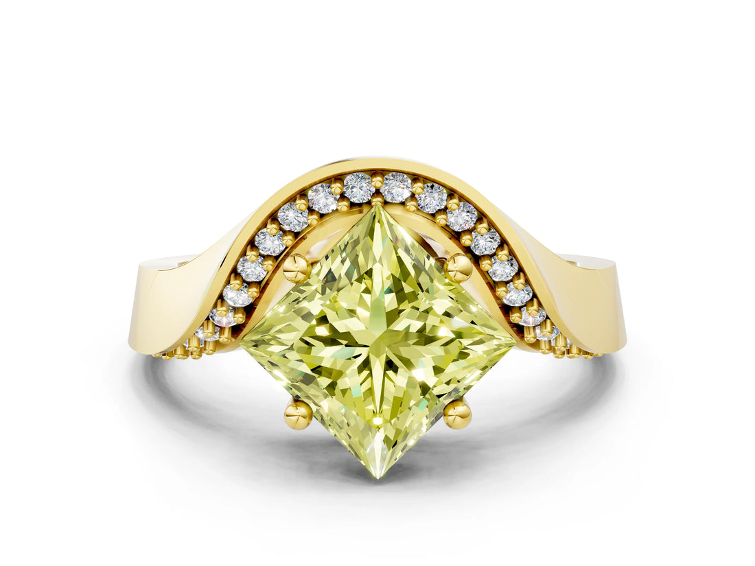 Yellow gold Fancy Yellow Princess  Solitaire Diamond Engagement Ring with Pave Band and Four-Prong Setting 1