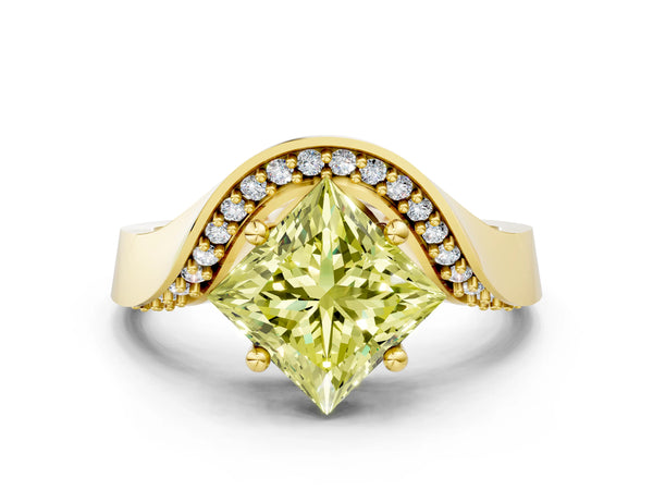 Yellow gold Fancy Yellow Princess  Solitaire Diamond Engagement Ring with Pave Band and Four-Prong Setting