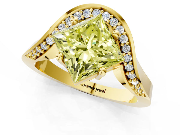 Yellow gold Fancy Yellow Princess  Solitaire Diamond Engagement Ring with Pave Band and Four-Prong Setting