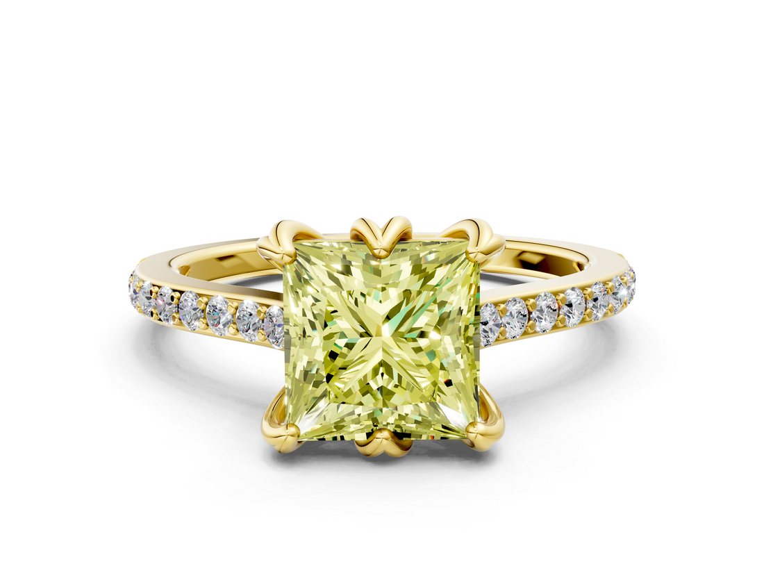 Yellow gold Fancy Yellow Princess  Solitaire Diamond Engagement Ring with Pave Band and Six-Prong Setting
