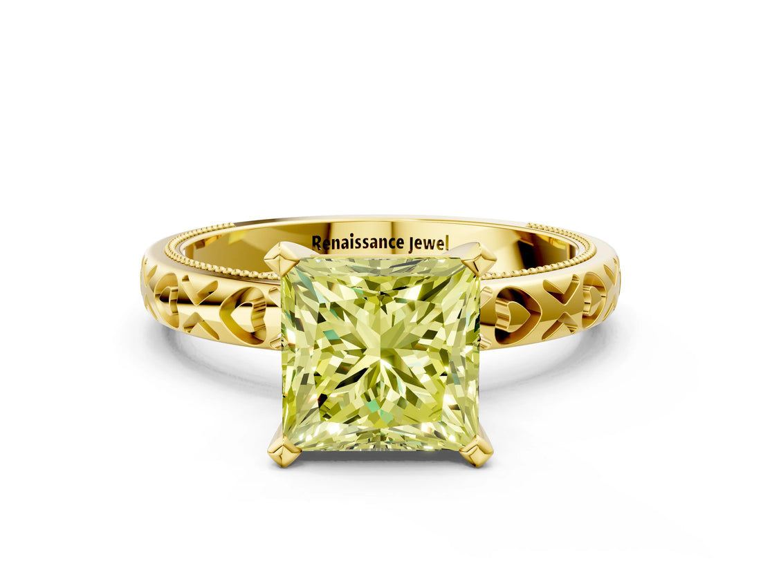 Yellow gold Fancy Yellow Princess  Solitaire Diamond Engagement Ring with XO Engraved Band and Four-Prong Setting