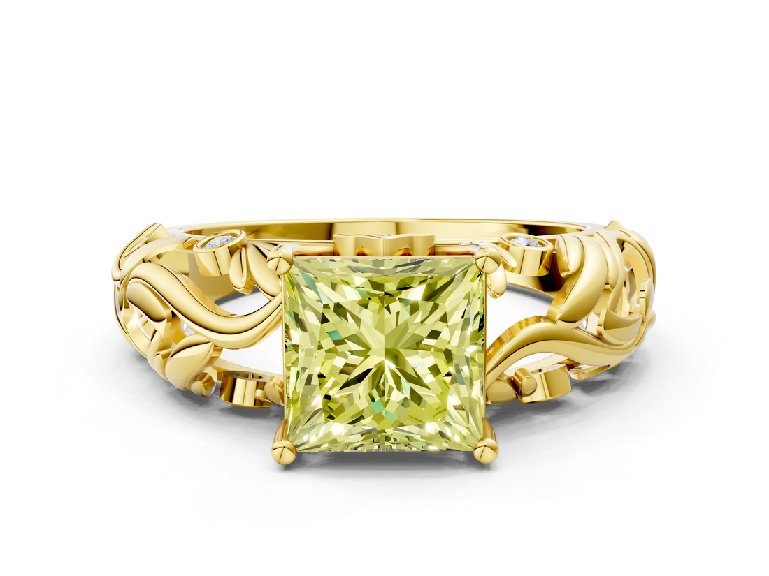 Yellow gold Fancy Yellow Princess  Solitaire Diamond Leaf Vine Band with Prong Setting