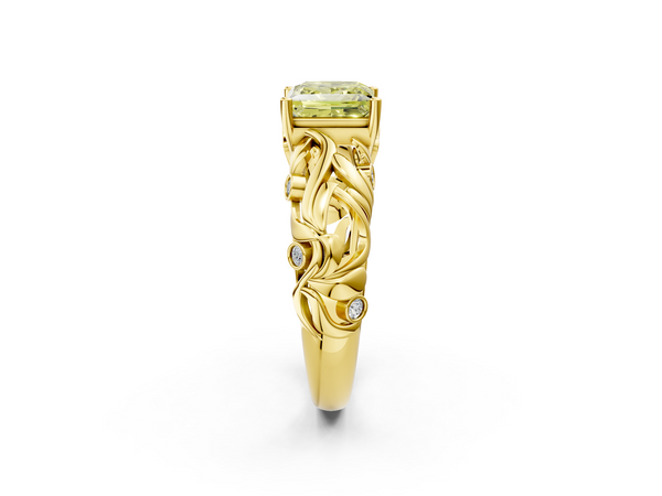 Yellow gold Fancy Yellow Princess Cut Solitaire Diamond Leaf-Inspired Vine Band Ring with Prong Setting