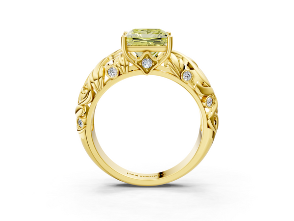 Yellow gold Fancy Yellow Princess Cut Solitaire Diamond Leaf-Inspired Vine Band Ring with Prong Setting