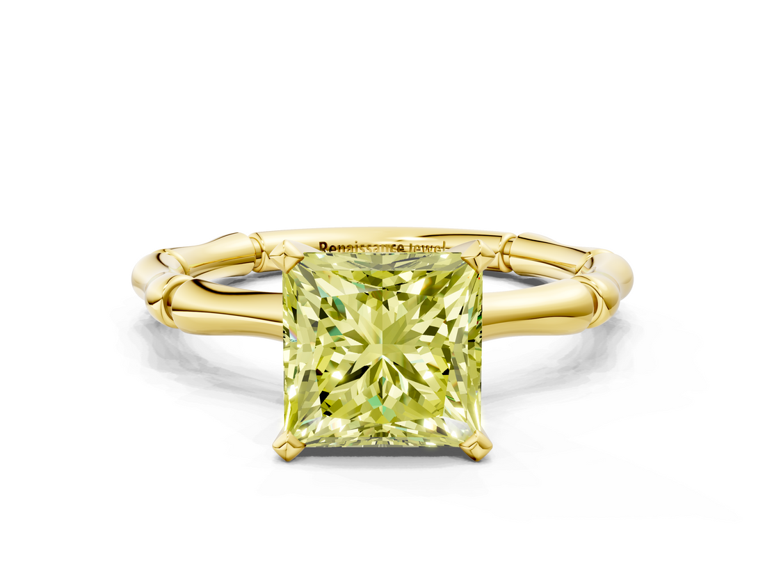 Yellow gold Fancy Yellow Princess  Solitaire Diamond Ring with Bamboo Band and Four-Prong Setting