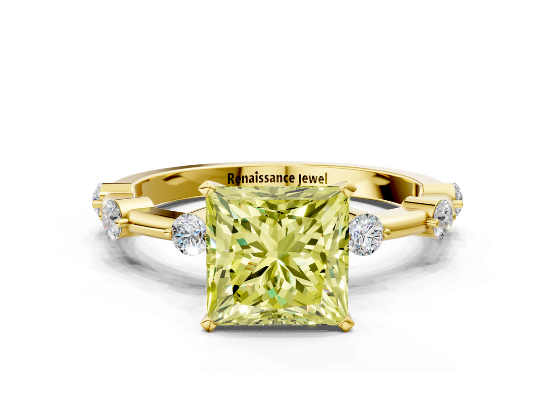 Yellow gold Fancy Yellow Princess  Solitaire Diamond Ring with Bezel Set Side Stones and Prong Setting