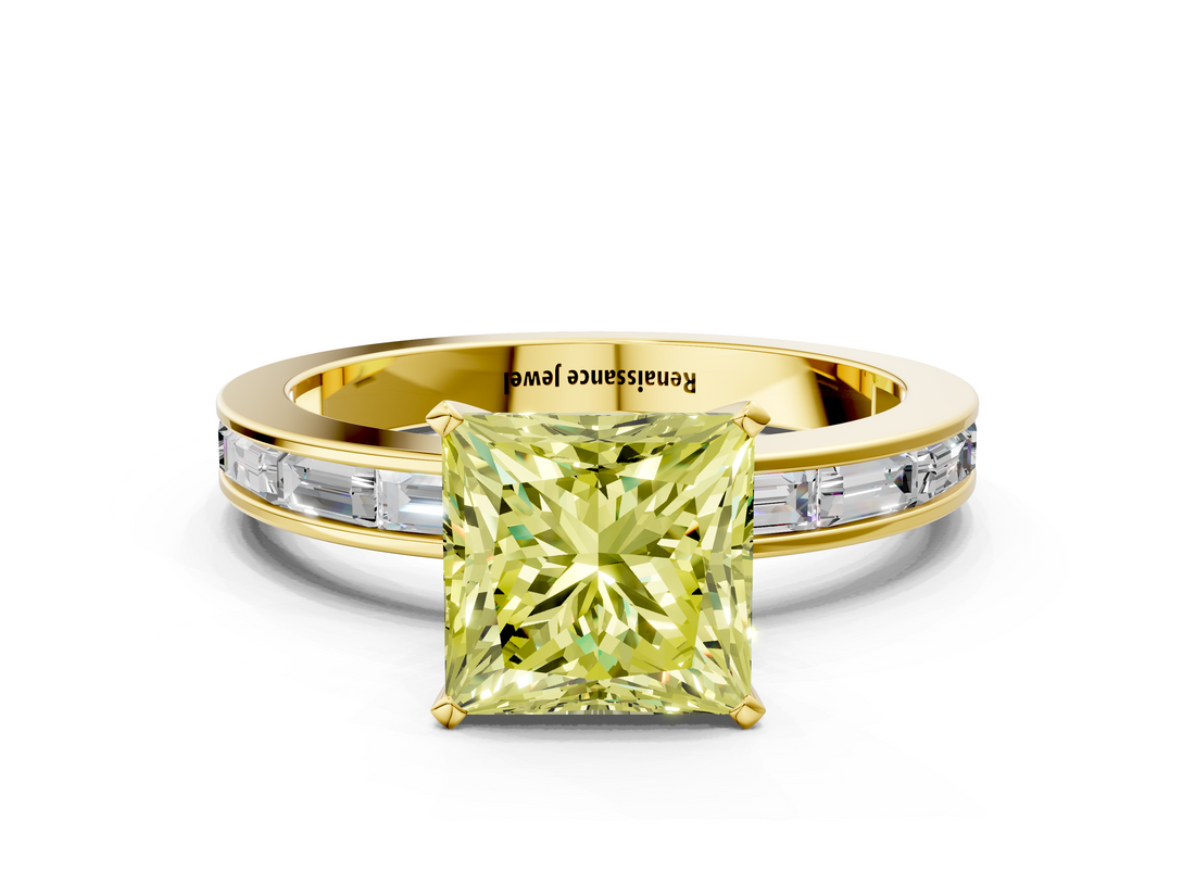 Yellow gold Fancy Yellow Princess  Solitaire Diamond Ring with Channel-Set Baguette Band and Four-Prong Setting