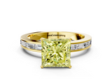 Yellow gold Fancy Yellow Princess  Solitaire Diamond Ring with Channel-Set Baguette Band and Four-Prong Setting