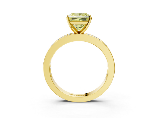 Yellow gold Fancy Yellow Princess  Solitaire Diamond Ring with Channel-Set Baguette Band and Four-Prong Setting