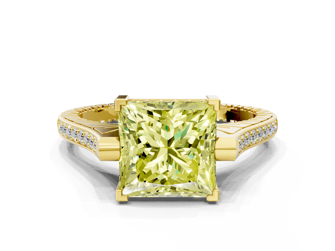 Yellow gold Fancy Yellow Princess  Solitaire Diamond Ring with Channel Set Band and Bezel Prong Setting_54