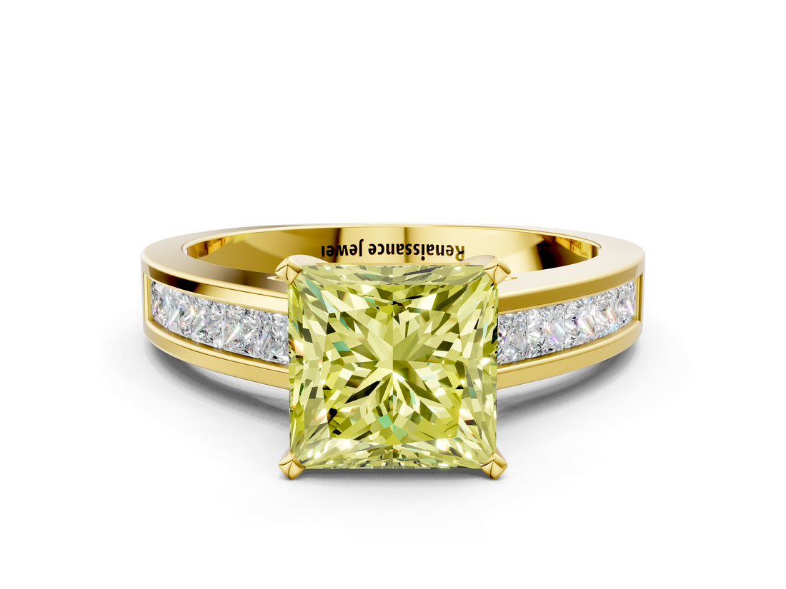 Yellow gold Fancy Yellow Princess  Solitaire Diamond Ring with Channel-Set Band and Four-Prong Setting_3