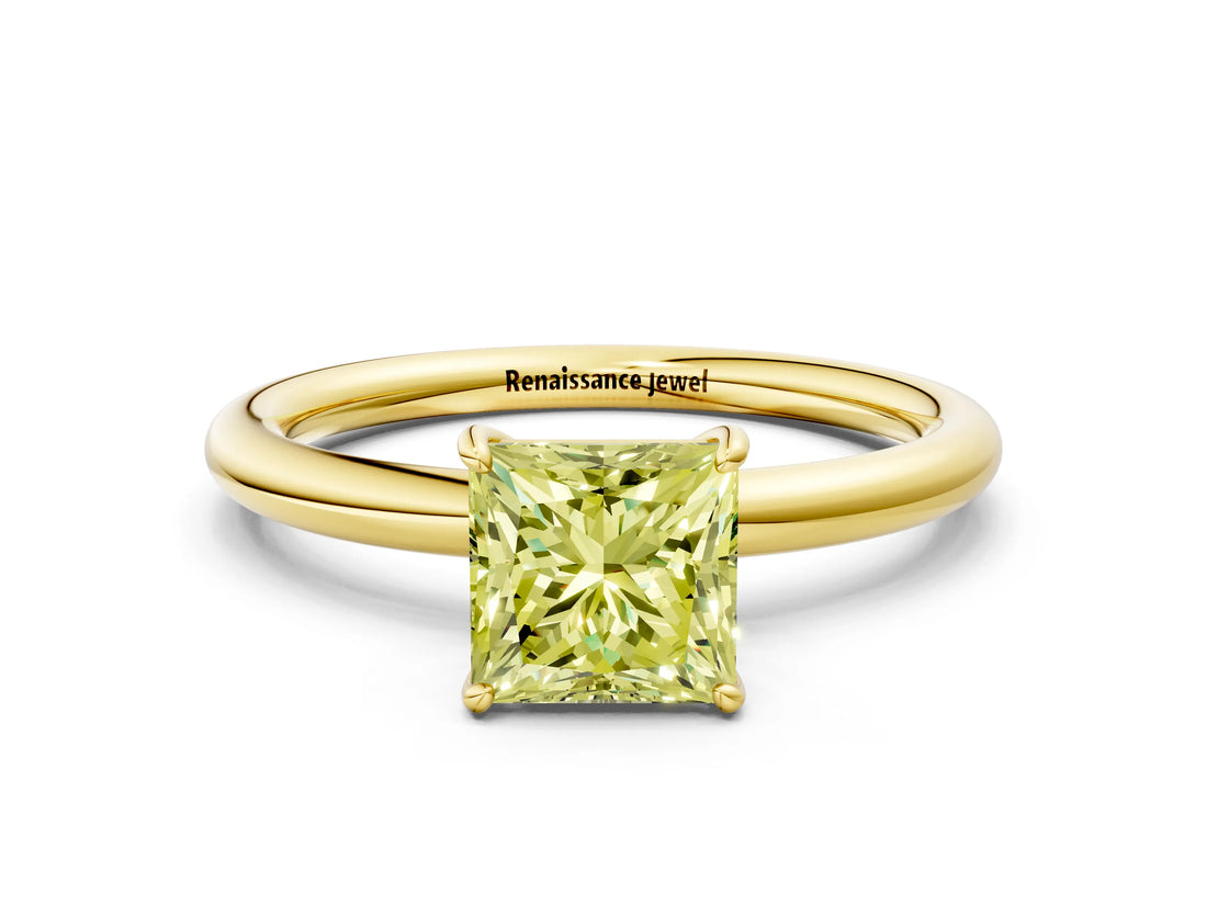 Yellow gold Fancy Yellow Princess  Solitaire Diamond Ring with Four-Prong Setting on a Plain Band_20