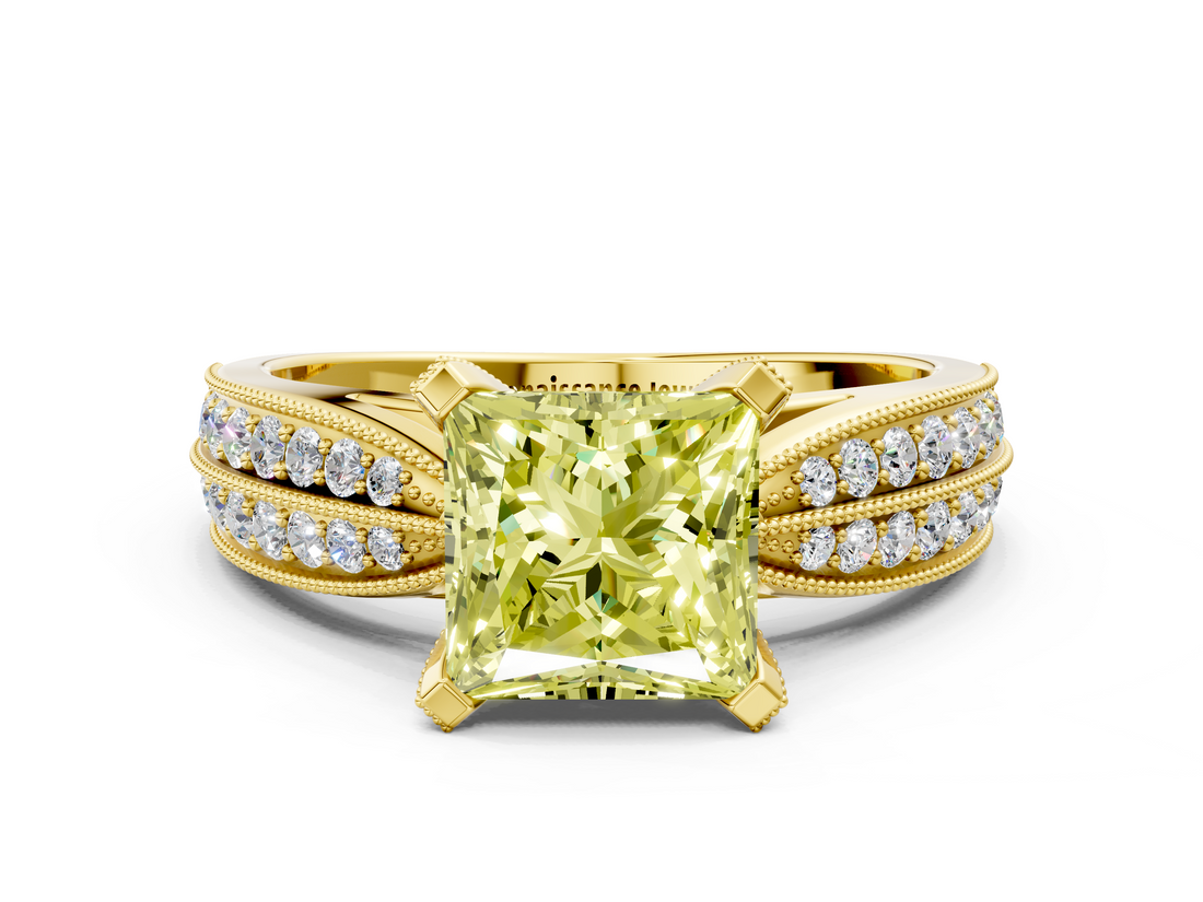 Yellow gold Fancy Yellow Princess  Solitaire Diamond Ring with Milgrain Pavé Band and Four-Prong Setting_19
