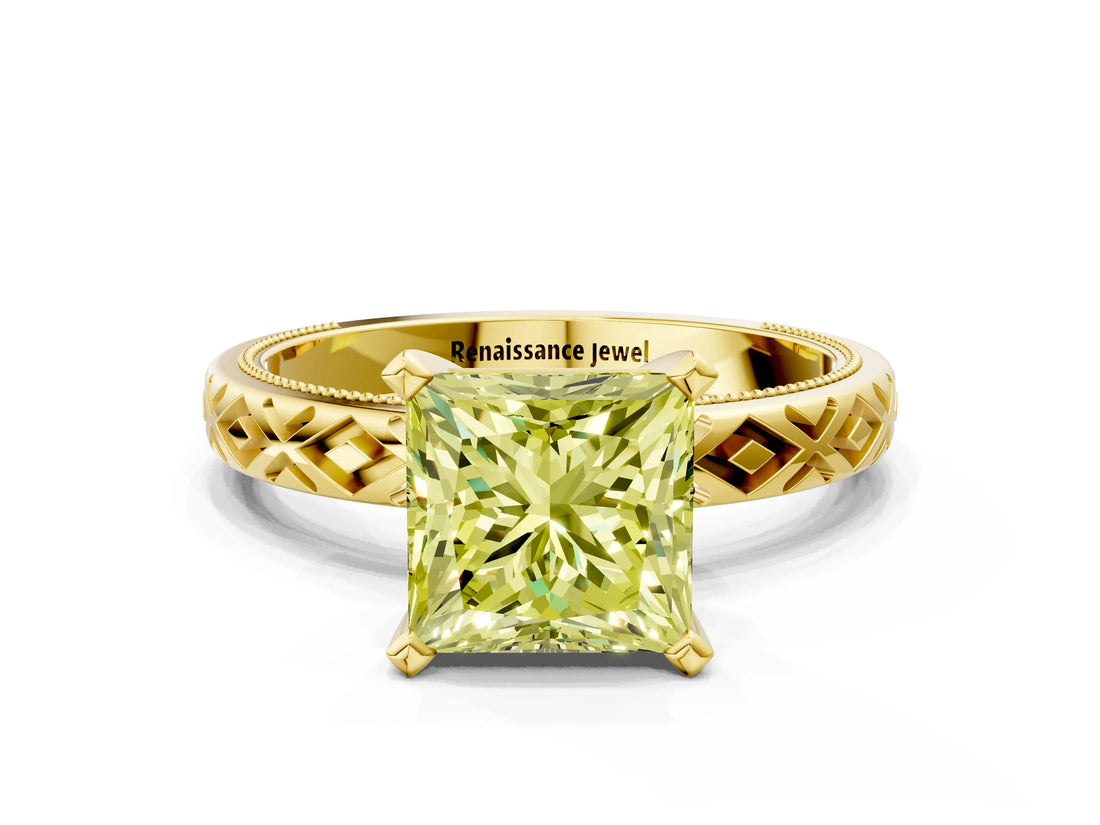 Yellow gold Fancy Yellow Princess  Solitaire Diamond Ring with Milgrain and Black Enamel X Pattern Band_29