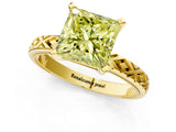 Yellow gold Fancy Yellow Princess  Solitaire Diamond Ring with Milgrain and Black Enamel X Pattern Band_30