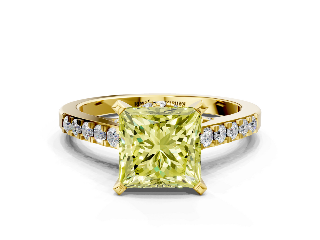 Yellow gold Fancy Yellow Princess  Solitaire Diamond Ring with Pavé Band and Four-Prong Setting
