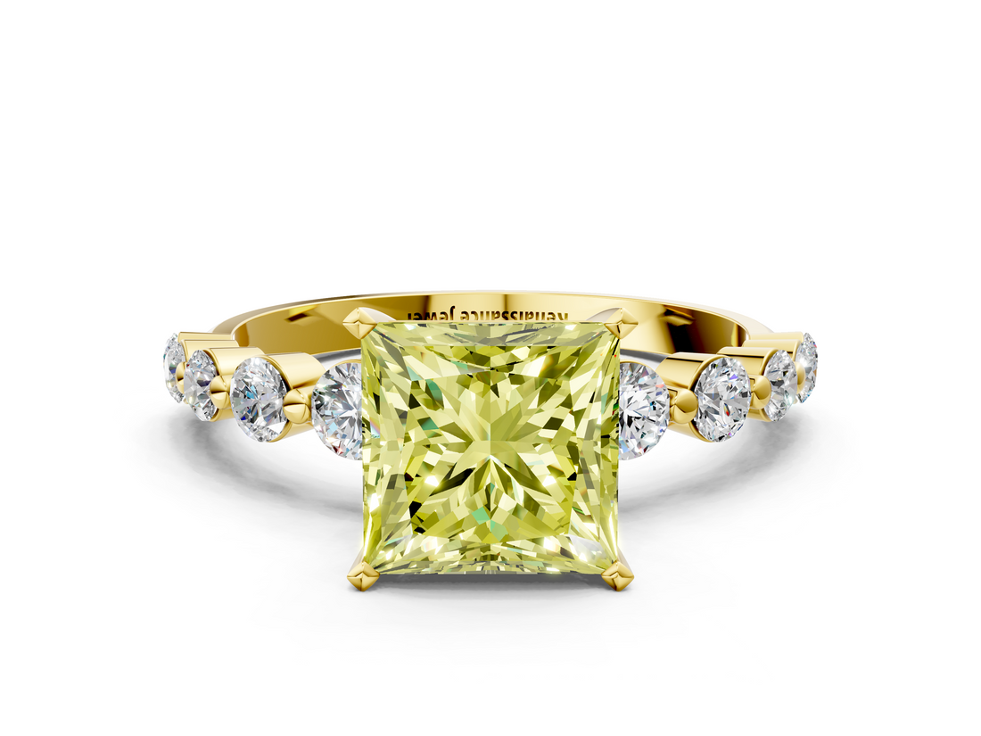 Yellow gold Fancy Yellow Princess  Solitaire Diamond Ring with Pave Band and Four-Prong Setting