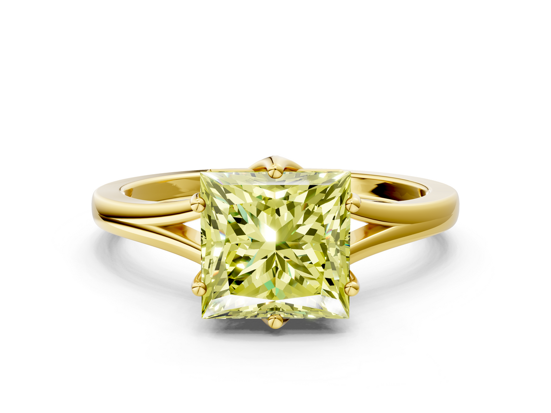 Yellow gold Fancy Yellow Princess  Solitaire Diamond Ring with Six-Prong Setting and Tapered Band