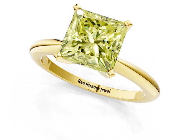 Yellow gold Fancy Yellow Princess Cut Diamond Solitaire Ring with Six-Prong Setting and Classic Band