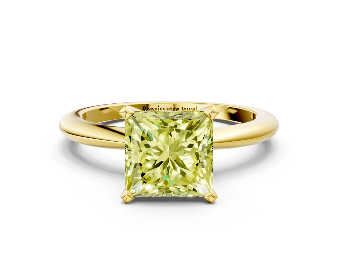 Yellow gold Fancy Yellow Princess  Solitaire Diamond Ring with Six-Prong Setting on a Classic Band