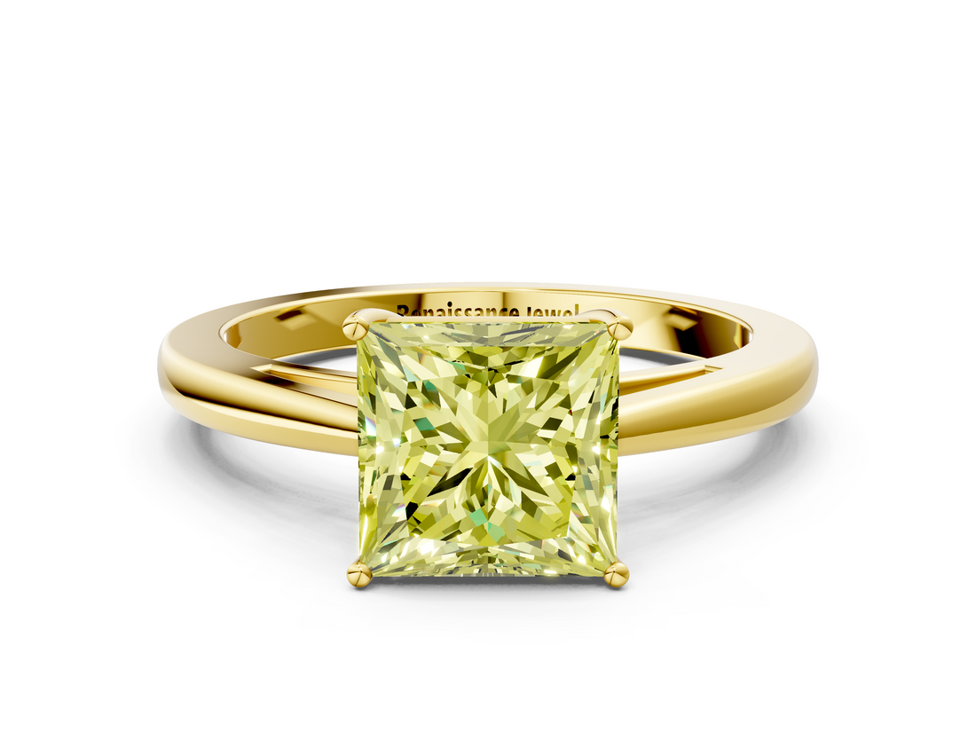 Yellow gold Fancy Yellow Princess  Solitaire Diamond Ring with Split Shank and Four-Prong Setting