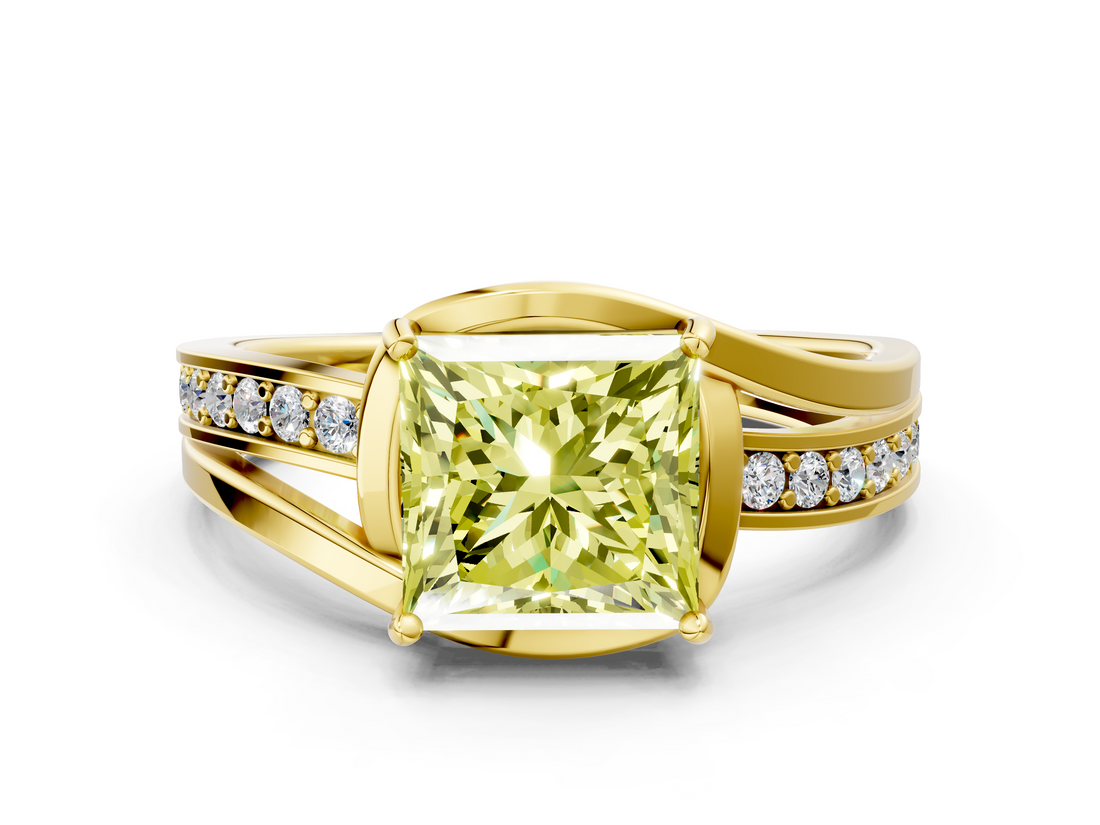 Yellow gold Fancy Yellow Princess  Solitaire Diamond Ring with Split Shank and Prong Setting_37