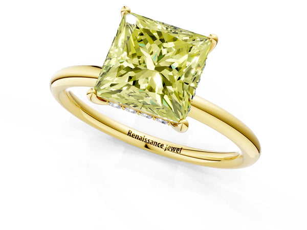 Yellow gold Fancy Yellow Princess  Solitaire Diamond Ring with a Classic Band and Four-Prong Setting