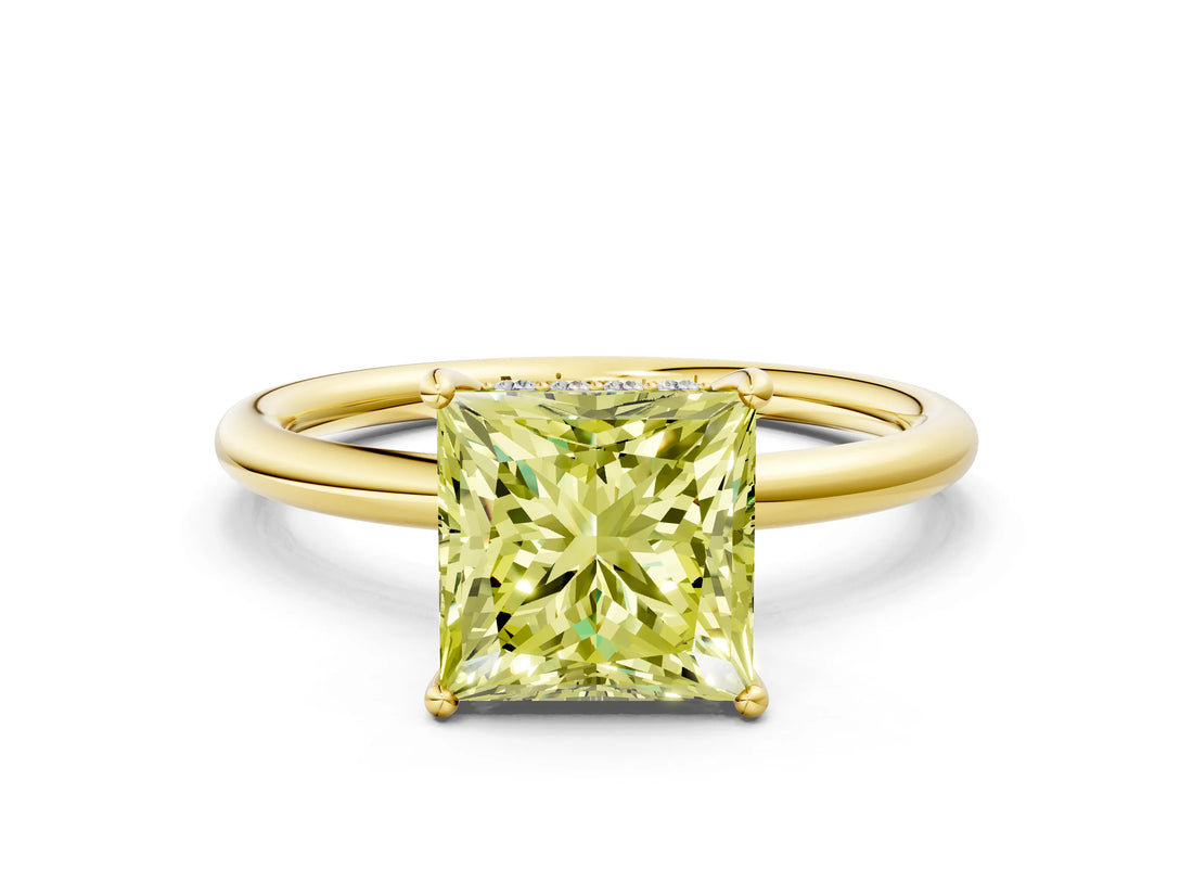Yellow gold Fancy Yellow Princess  Solitaire Diamond Ring with a Classic Band and Four-Prong Setting