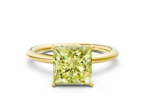 Yellow gold Fancy Yellow Princess  Solitaire Diamond Ring with a Classic Band and Four-Prong Setting