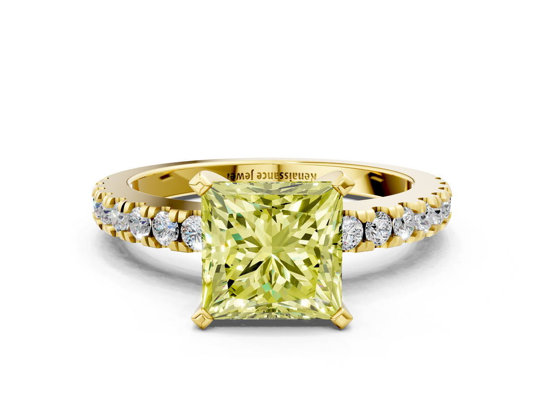 Yellow gold Fancy Yellow Princess  Solitaire Diamond with Pavé Band and Four-Prong Setting