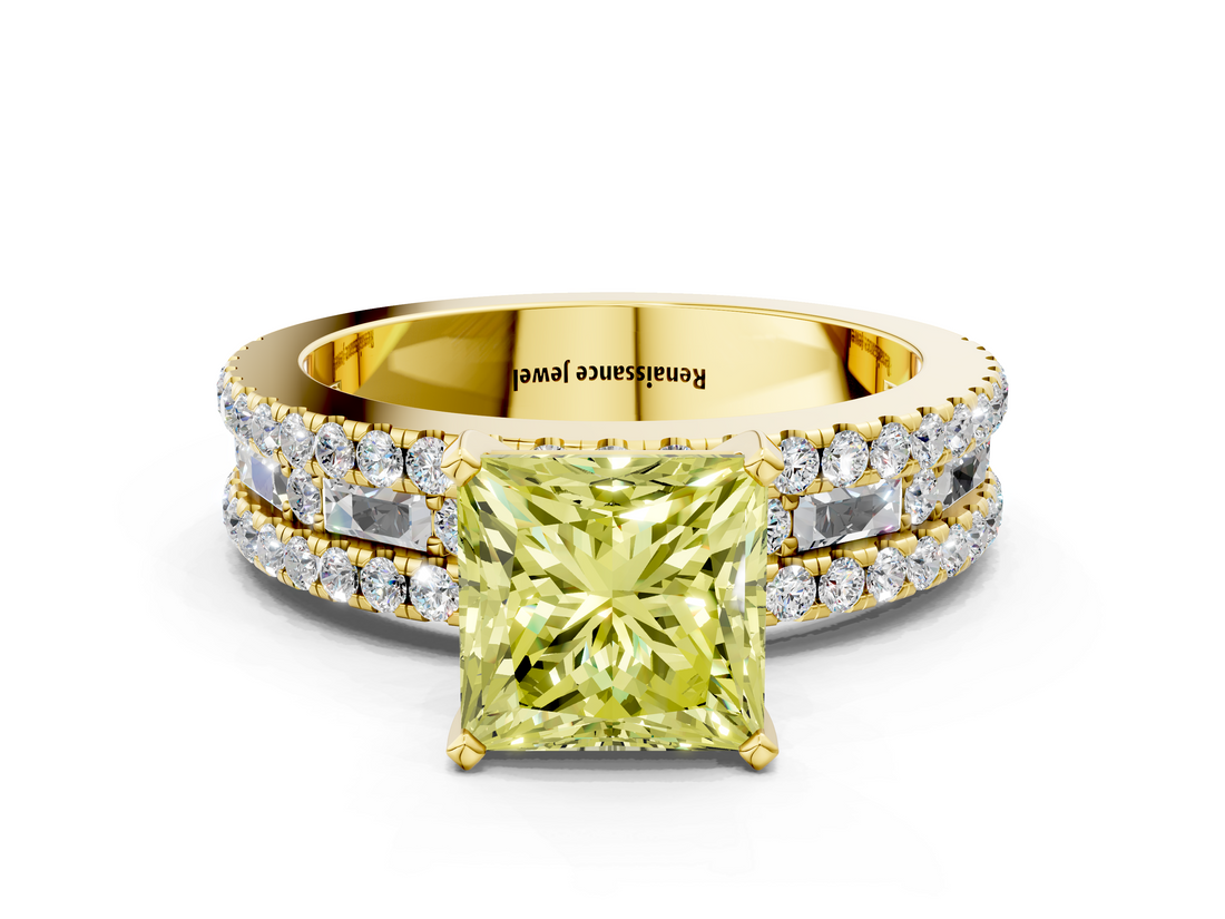 Yellow gold Fancy Yellow Princess  Solitaire Diamond with Pave and Channel Set Band
