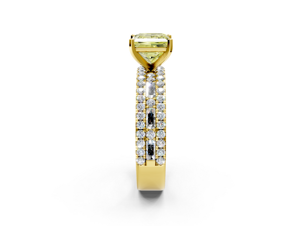Yellow gold Fancy Yellow Princess Cut Diamond Solitaire Ring with Pavé and Channel Set Band