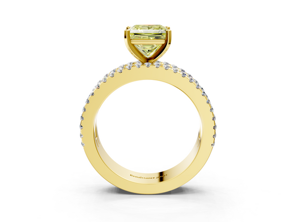Yellow gold Fancy Yellow Princess Cut Diamond Solitaire Ring with Pavé and Channel Set Band