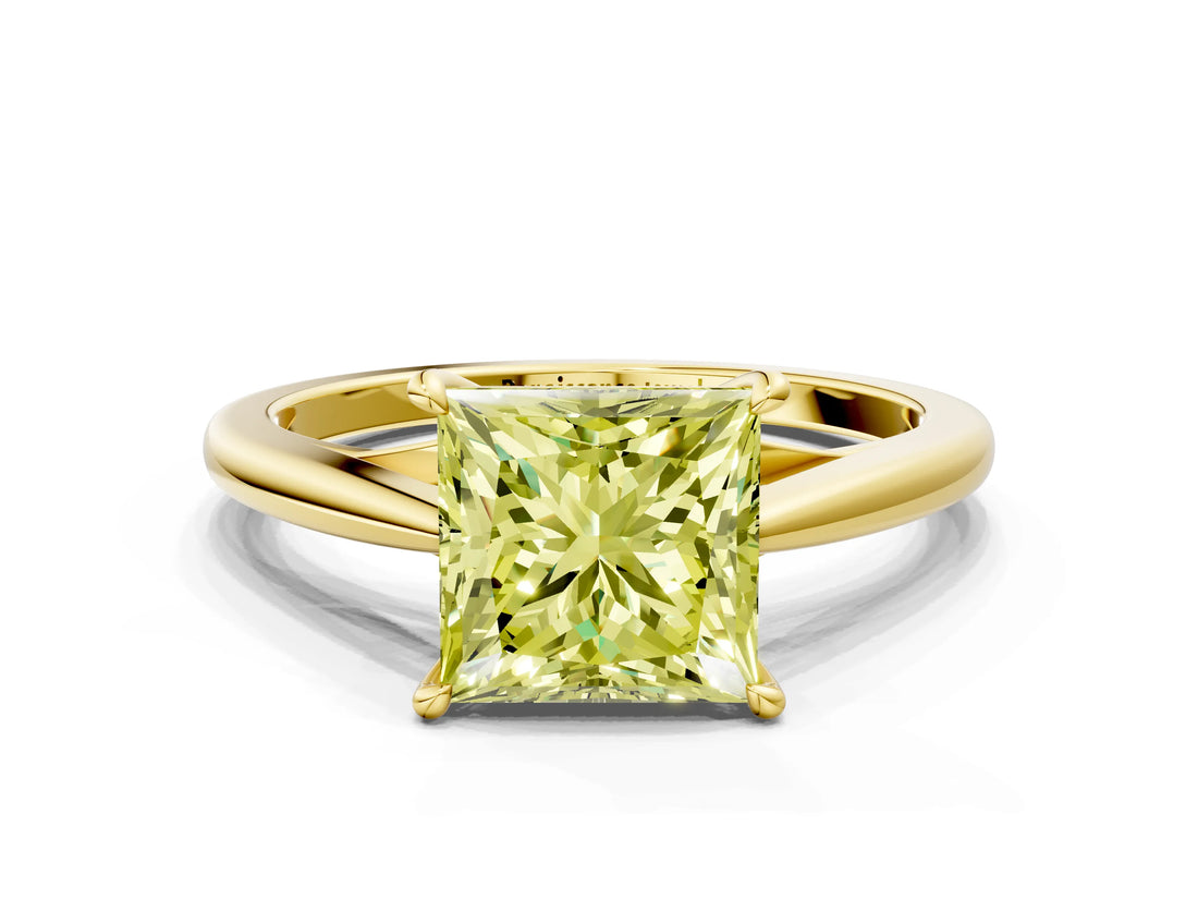 Yellow gold Fancy Yellow Princess  Solitaire Engagement Ring with Four-Prong Setting and Classic Band