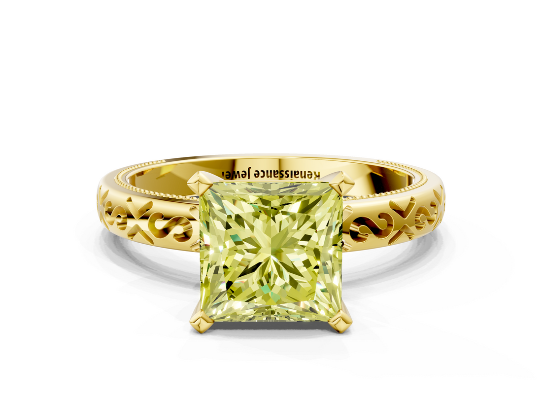 Yellow gold Fancy Yellow Princess  Solitaire Engagement Ring with Scrollwork Band and Four-Prong Setting