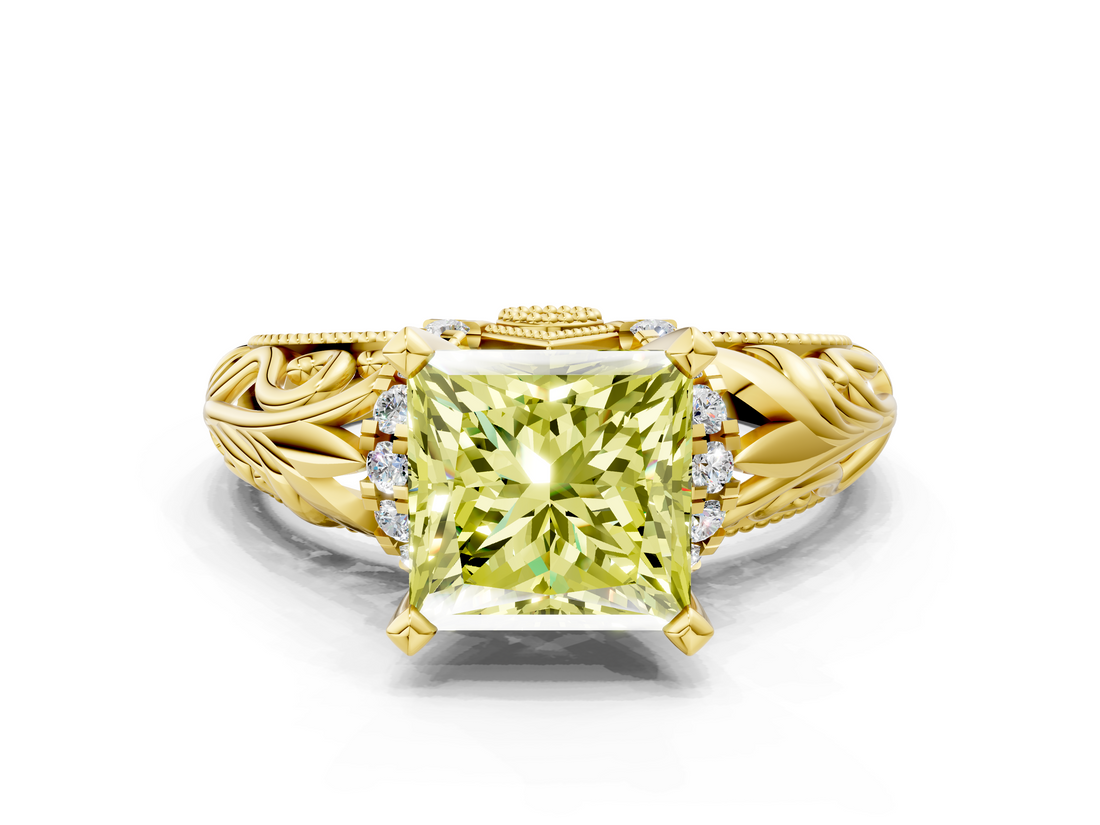 Yellow gold Fancy Yellow Princess  Solitaire Filigree Engagement Ring with Halo and Prong Setting