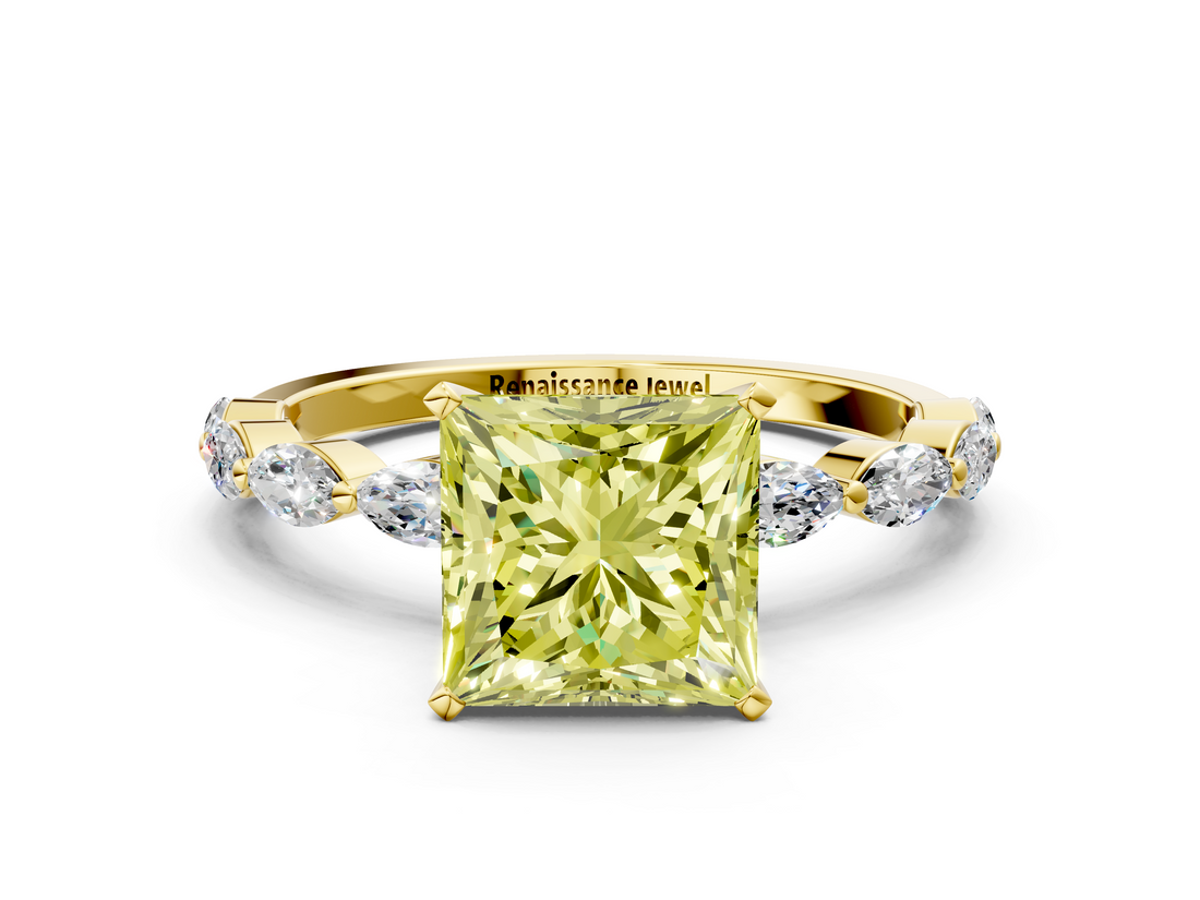 Yellow gold Fancy Yellow Princess  Solitaire Marquise Side Stone Prong Setting Ring