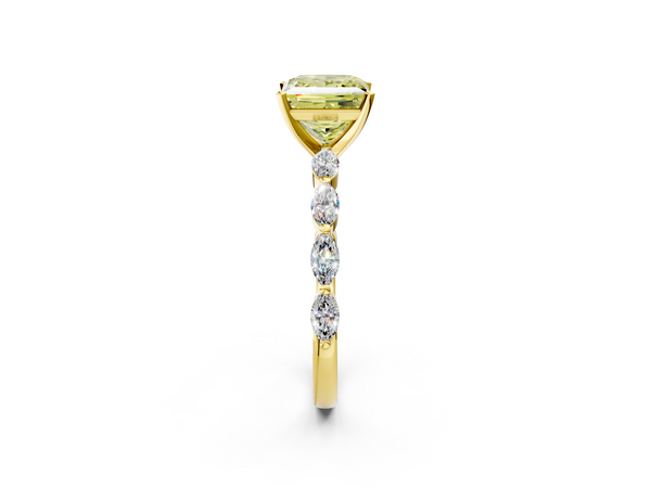 Yellow gold Fancy Yellow Princess Cut Diamond Ring with Marquise Side Stones and Prong Setting
