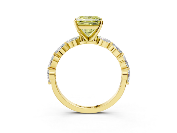 Yellow gold Fancy Yellow Princess Cut Diamond Ring with Marquise Side Stones and Prong Setting