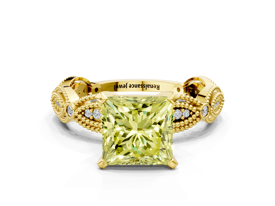 Yellow gold Fancy Yellow Princess  Solitaire Milgrain Diamond Engagement Ring with Bezel and Marquise Band