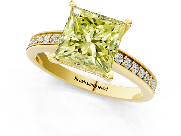 Yellow gold Fancy Yellow Princess  Solitaire Pavé Band Prong Setting Ring