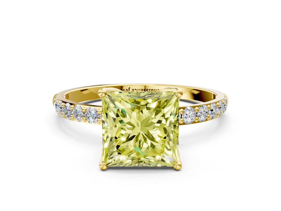 Yellow gold Fancy Yellow Princess  Solitaire Pavé Diamond Engagement Ring with Four-Prong Setting