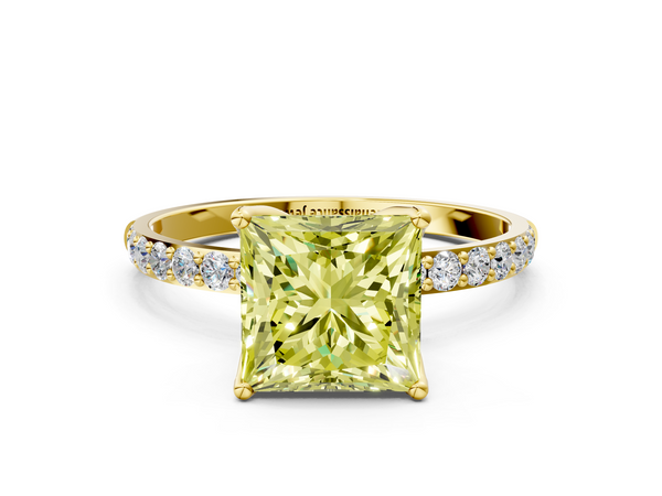 Yellow gold Fancy Yellow Princess Cut Diamond Solitaire Engagement Ring with Round  Pavé Band and Prong Setting