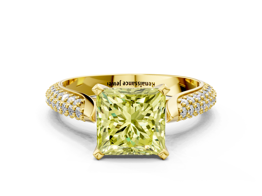 Yellow gold Fancy Yellow Princess  Solitaire Pavé Diamond Engagement Ring with Four-Prong Setting